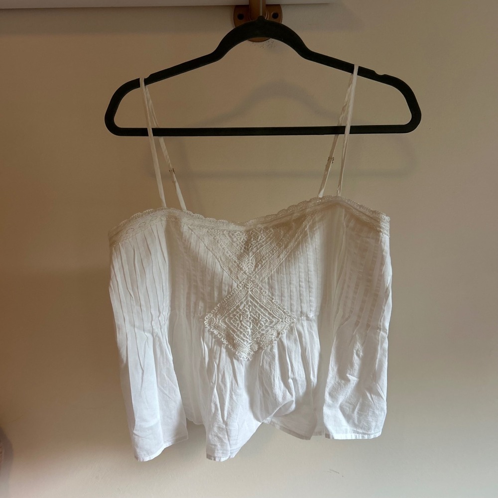 LOFT White Crochet Lace Pintuck Camisole Top Adjustable‎ Straps Large Petite NWT